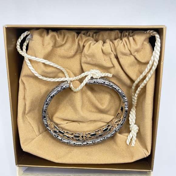 Robert Manse Signed 925 Sterling Silver 18K Onyx Cuff Bangle Bracelet - Picture 8 of 12